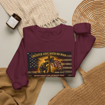 Greater Love Memorial soldier helmet flag sweatshirt | Military Tribute