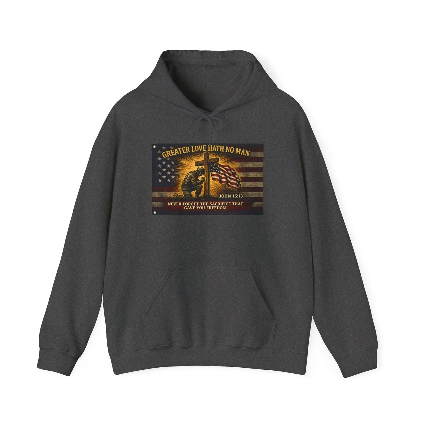Biblical Soldier with Flag hoodie | Greater Love John 15:13 graphic