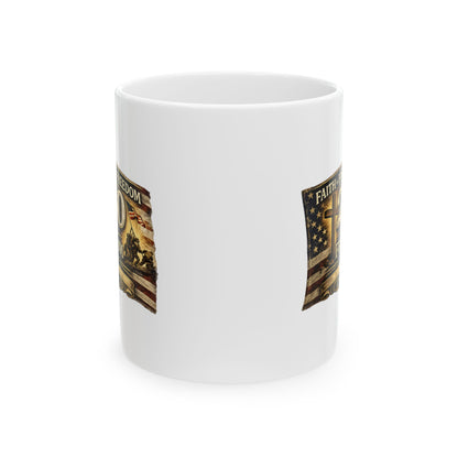 Faith Family Freedom Mug | Patriotic Christian Coffee Mug | American Flag Ceramic Cup | 11oz