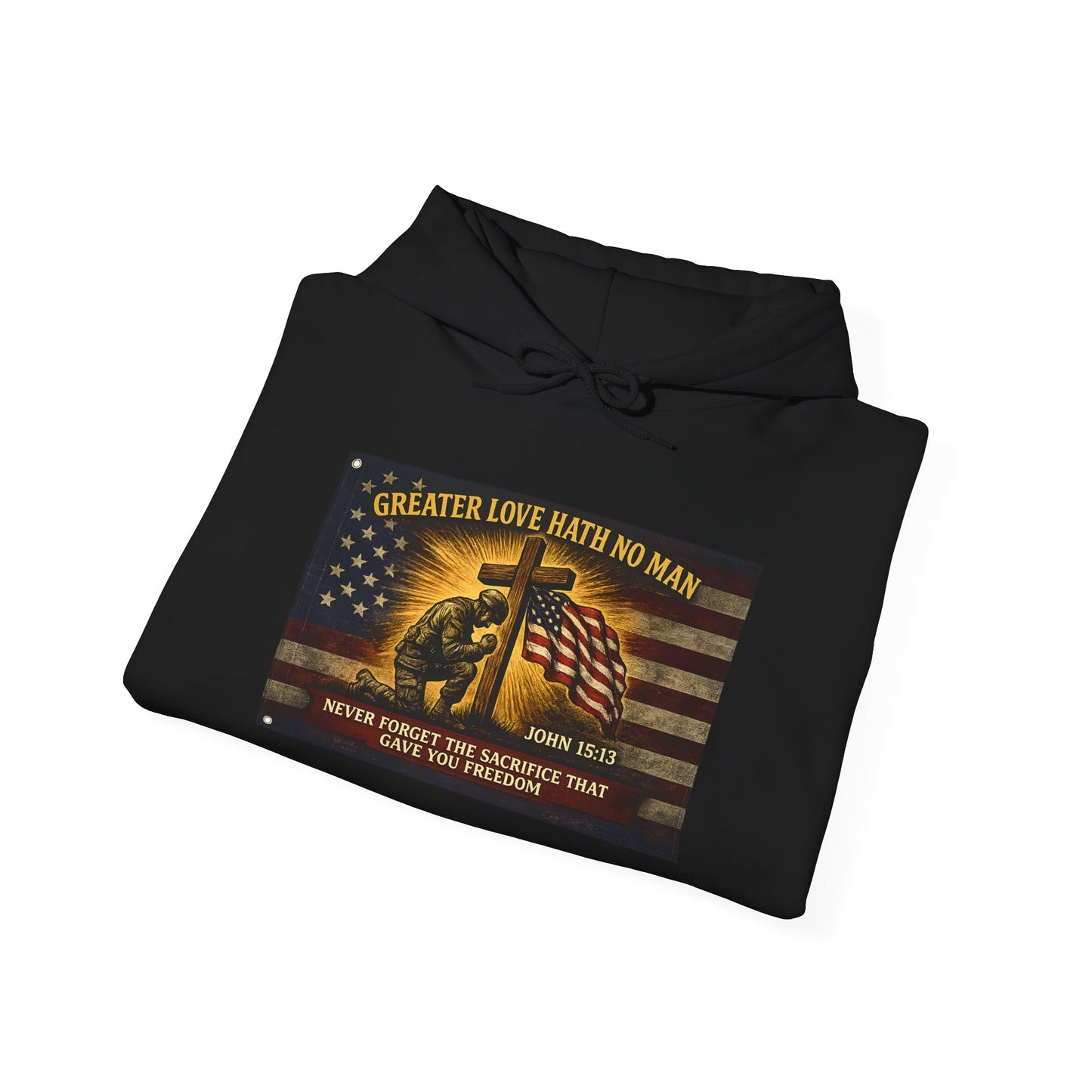 Biblical Soldier with Flag hoodie | Greater Love John 15:13 graphic