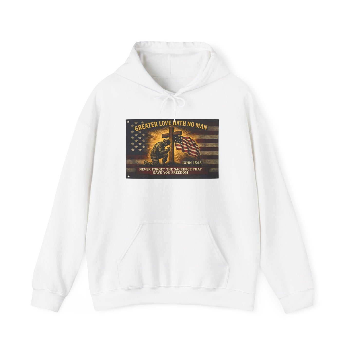 Biblical Soldier with Flag hoodie | Greater Love John 15:13 graphic