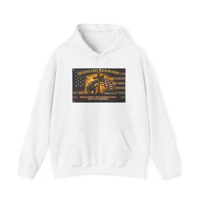 Biblical Soldier with Flag hoodie | Greater Love John 15:13 graphic