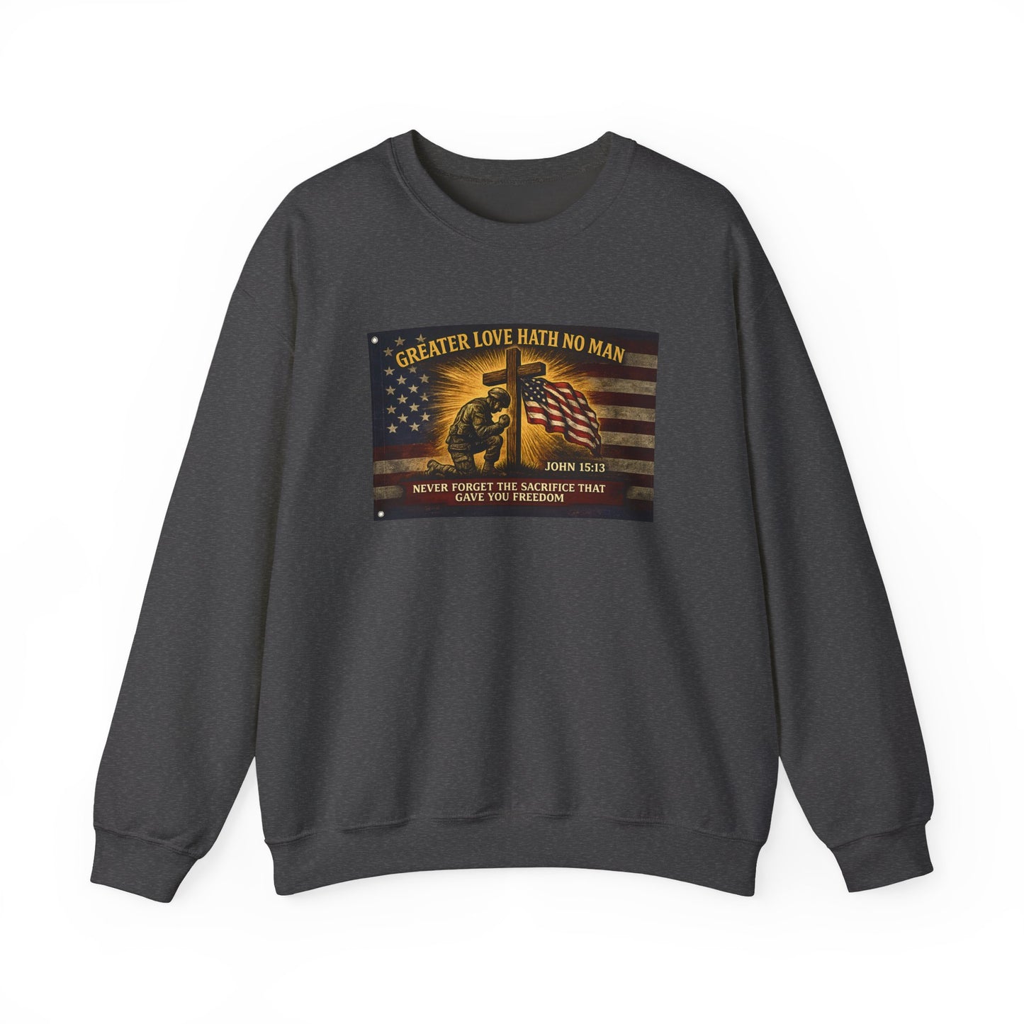 Greater Love Memorial soldier helmet flag sweatshirt | Military Tribute