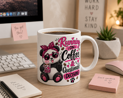Running on Coffee & Questionable Decisions Mug – Funny Panda Coffee Mug, 11oz & 15oz