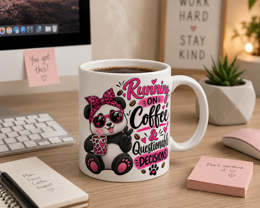 Running on Coffee & Questionable Decisions Mug – Funny Panda Coffee Mug, 11oz & 15oz