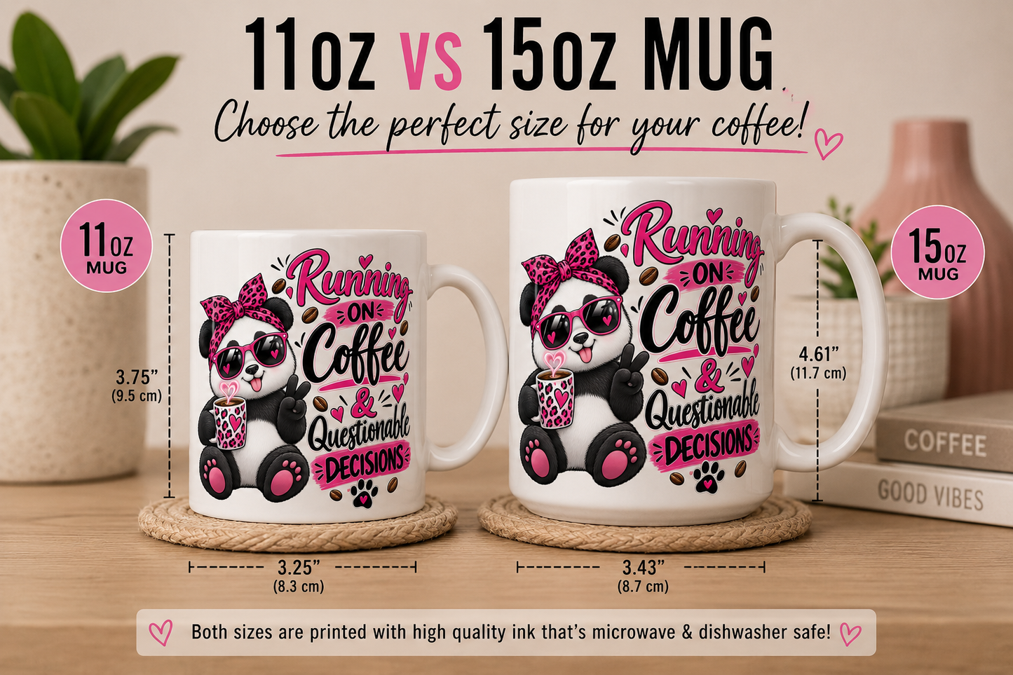 Running on Coffee & Questionable Decisions Mug – Funny Panda Coffee Mug, 11oz & 15oz