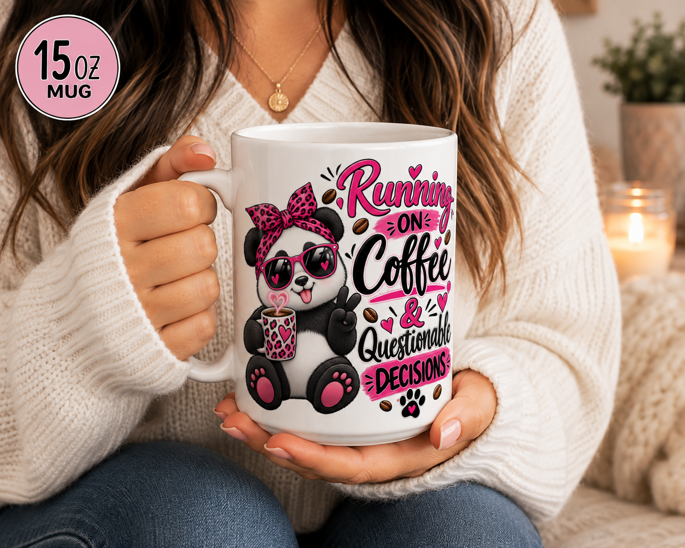 Running on Coffee & Questionable Decisions Mug – Funny Panda Coffee Mug, 11oz & 15oz