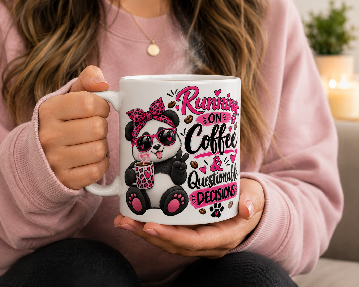 Running on Coffee & Questionable Decisions Mug – Funny Panda Coffee Mug, 11oz & 15oz