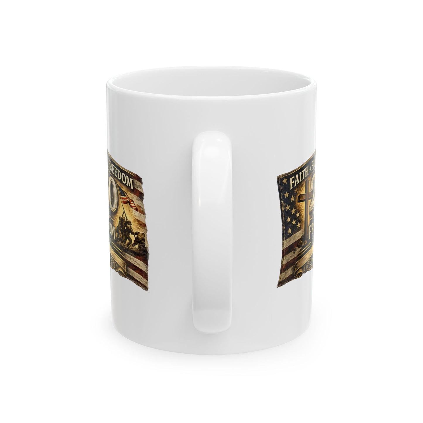 Faith Family Freedom Mug | Patriotic Christian Coffee Mug | American Flag Ceramic Cup | 11oz