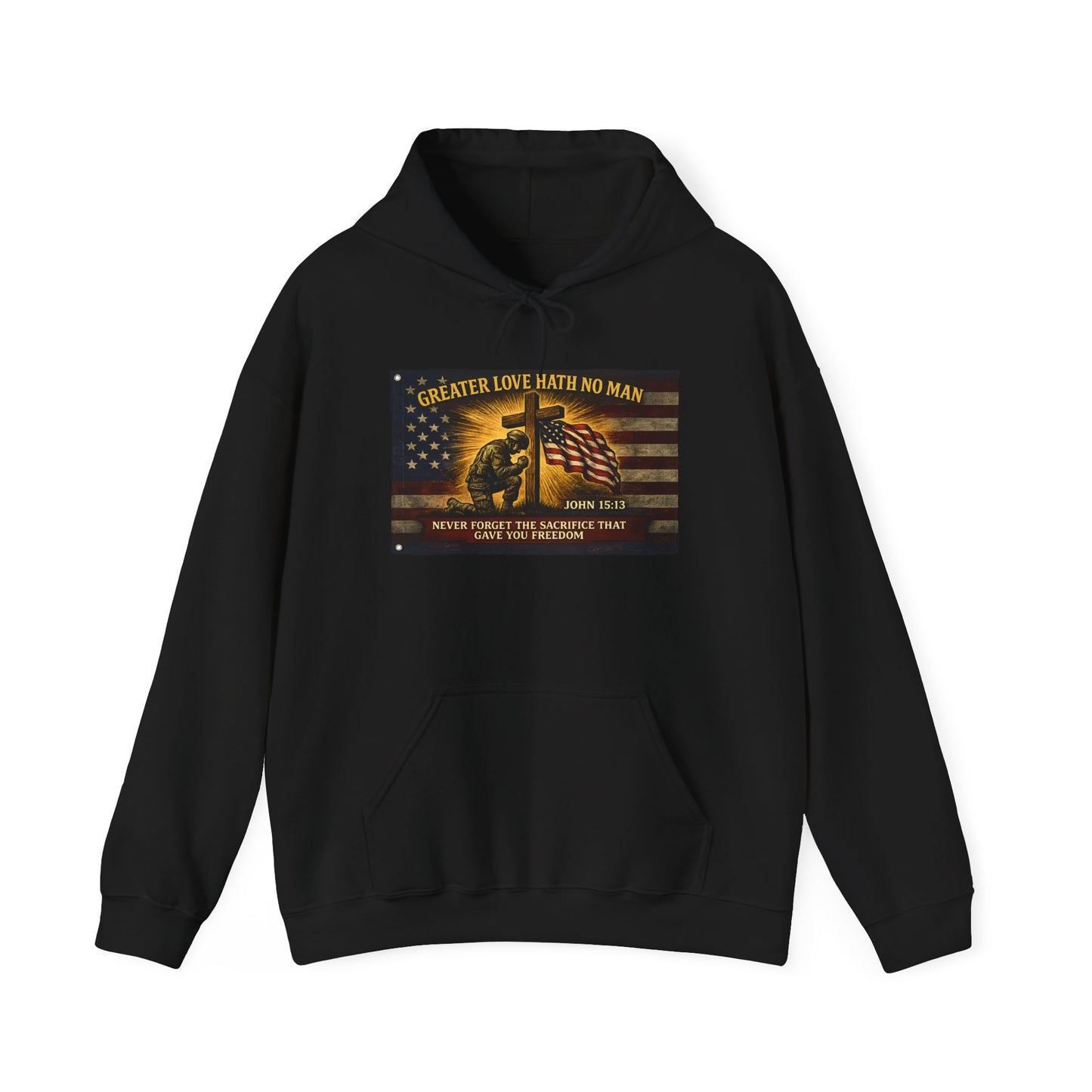 Biblical Soldier with Flag hoodie | Greater Love John 15:13 graphic