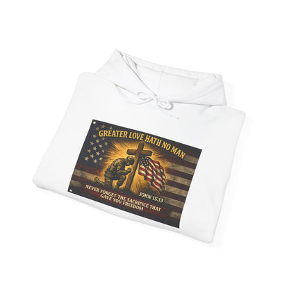 Biblical Soldier with Flag hoodie | Greater Love John 15:13 graphic
