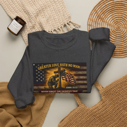 Greater Love Memorial soldier helmet flag sweatshirt | Military Tribute