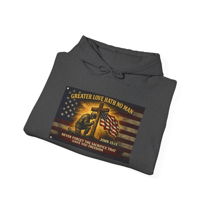 Biblical Soldier with Flag hoodie | Greater Love John 15:13 graphic